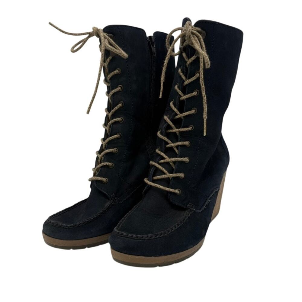 Julio de Mucha Navy Nubuck Lace-Up Wedge Boots Side Zip EU36 US5.5–6 - Picture 3 of 15